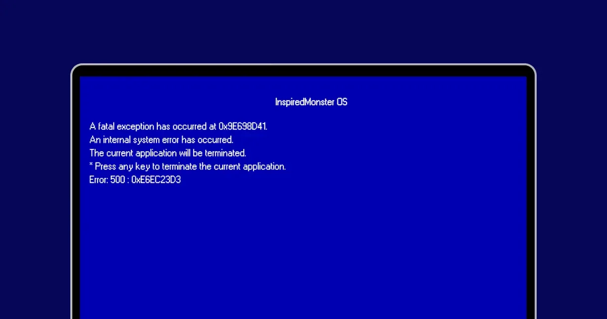 The InspiredMonster OS Blue Screen of Death, listing a fatal exception