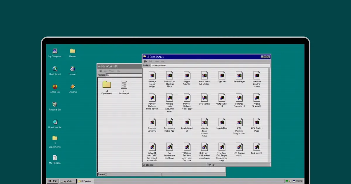 The File Explorer window open on the UI Experiments folder, a grid of file icons inside