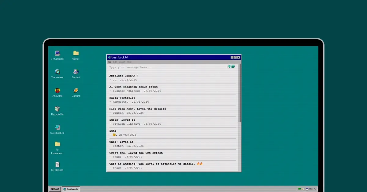 Guestbook.txt open in a Notepad window, filled with visitor messages