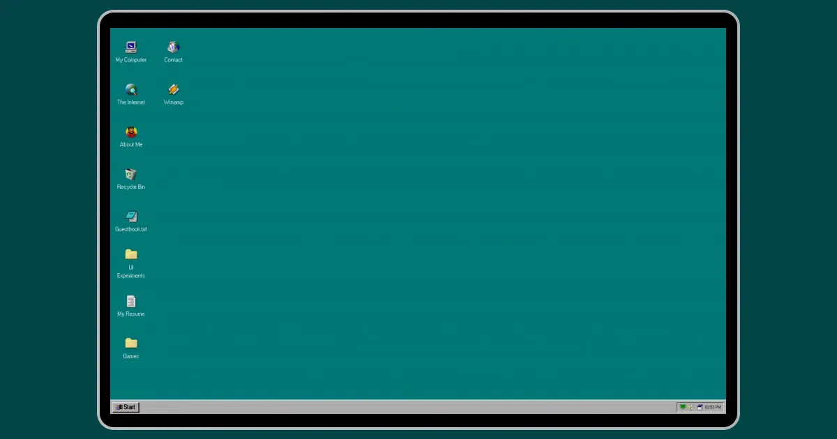 The InspiredMonster OS desktop — a teal Windows 95 desktop with My Computer, The Internet, About Me, Recycle Bin, Guestbook.txt, UI Experiments, My Resume, Games, Contact and Winamp icons