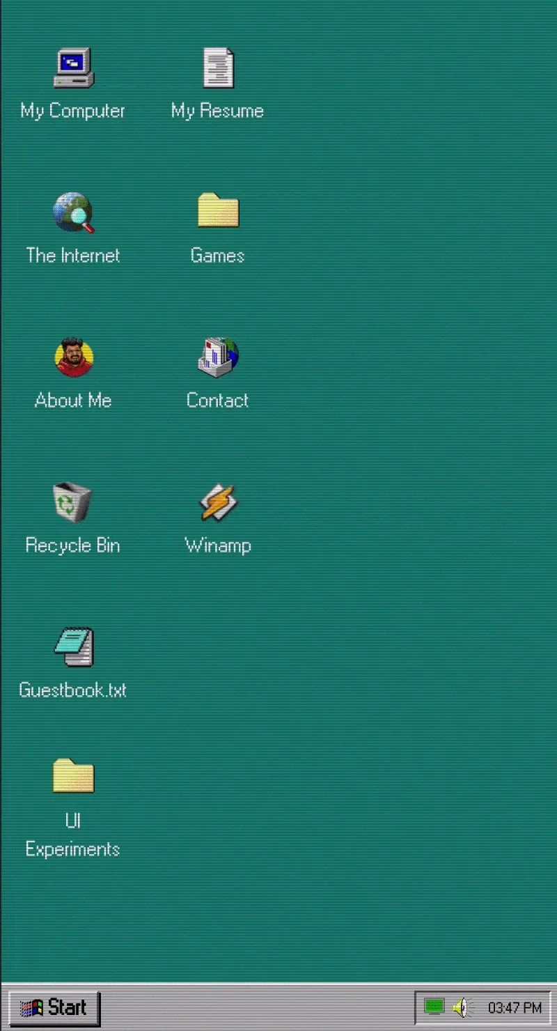 The same desktop on a phone, icons in two columns with the Start bar pinned to the bottom