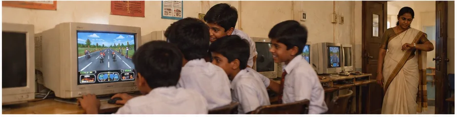 School computer lab, a crowd of boys around one monitor playing a racing game