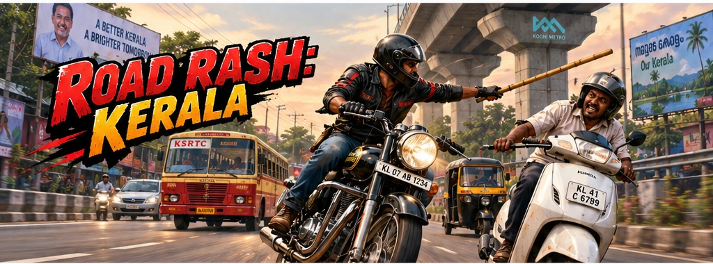 Road Rash: Kerala key art — a rider swinging a bamboo stick past a KSRTC bus under the Kochi Metro