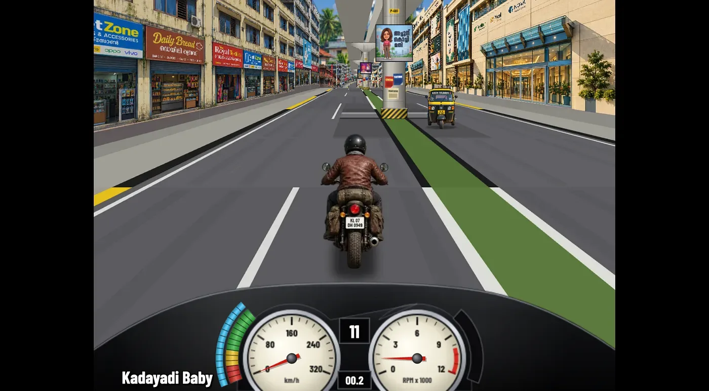 Riding down a Kochi street in the game, shops on both sides, an auto ahead and the speedometer at the bottom