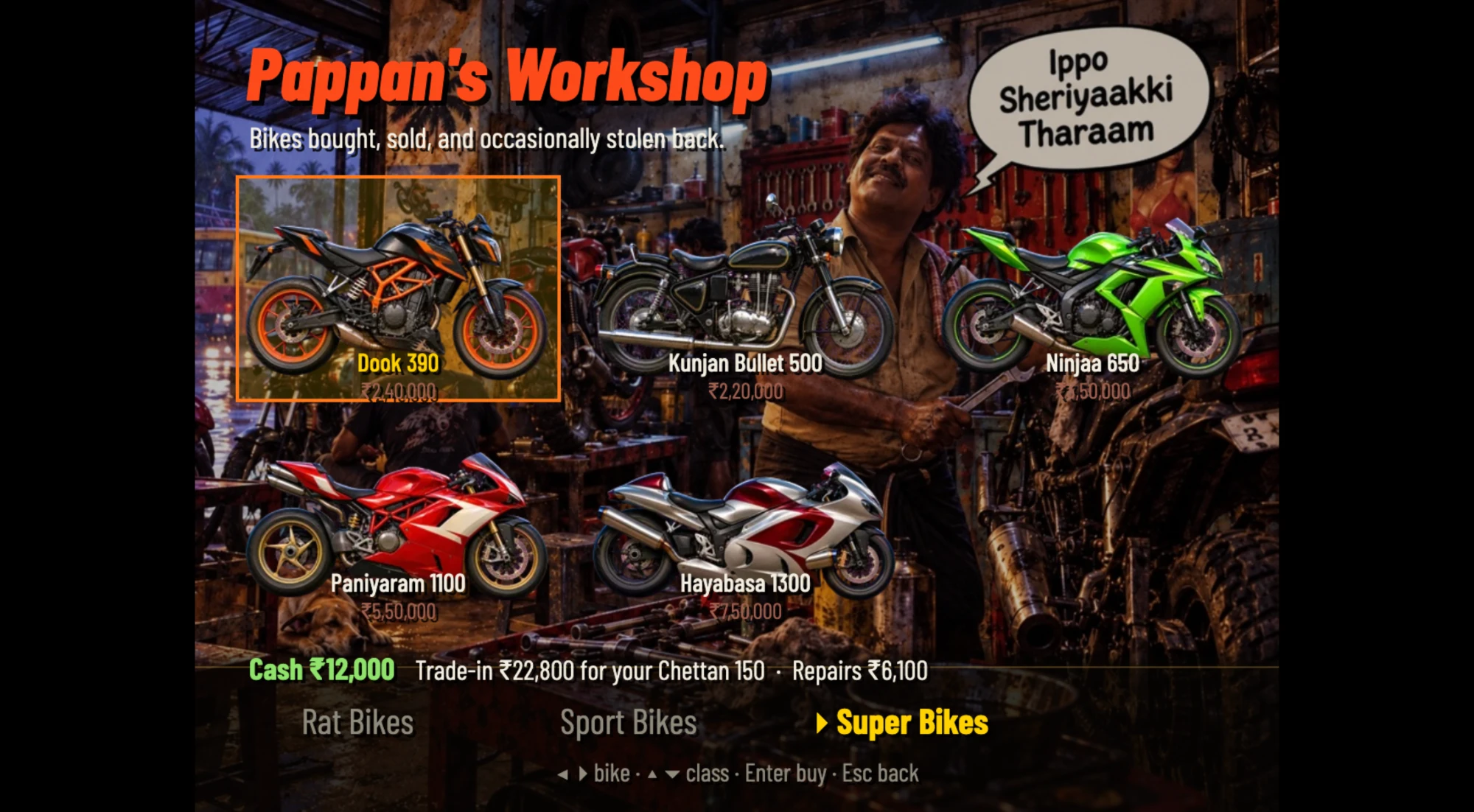 Pappan's Workshop — bikes for sale, a mechanic with a wrench, prices in rupees