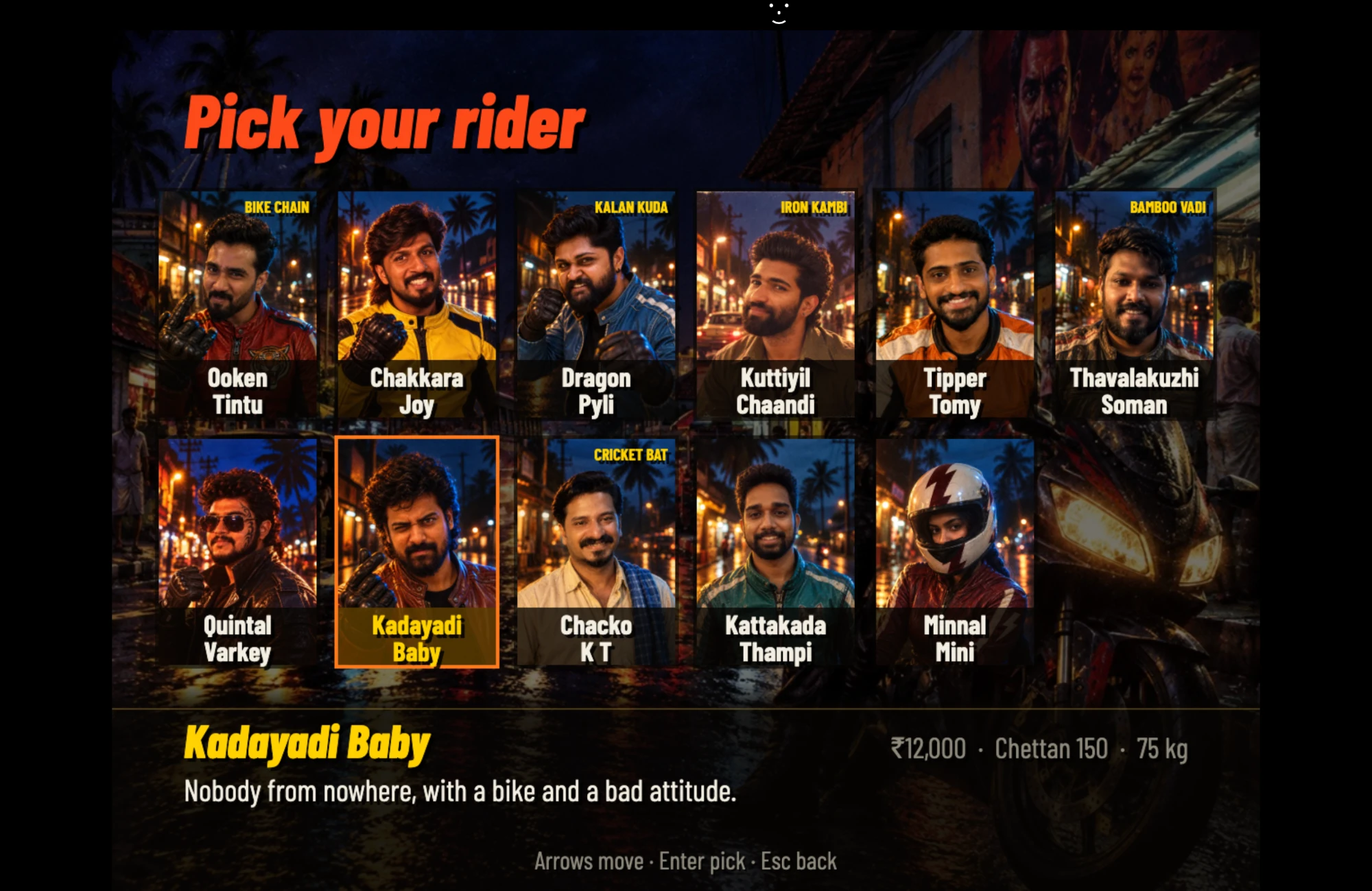 Pick your rider — eleven riders including Ooken Tintu, Chakkara Joy, Dragon Pyli, Kadayadi Baby and Minnal Mini