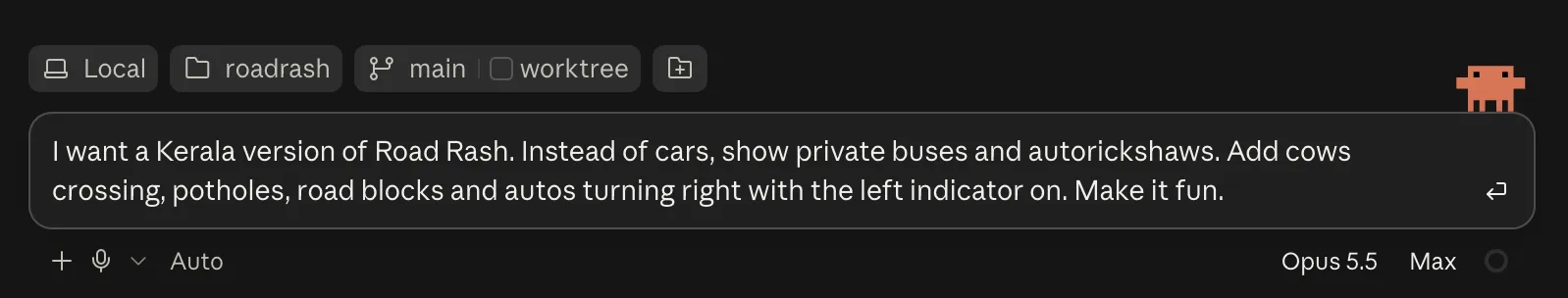 The prompt: a Kerala version of Road Rash with private buses, autorickshaws, cows crossing, potholes and autos turning right with the left indicator on